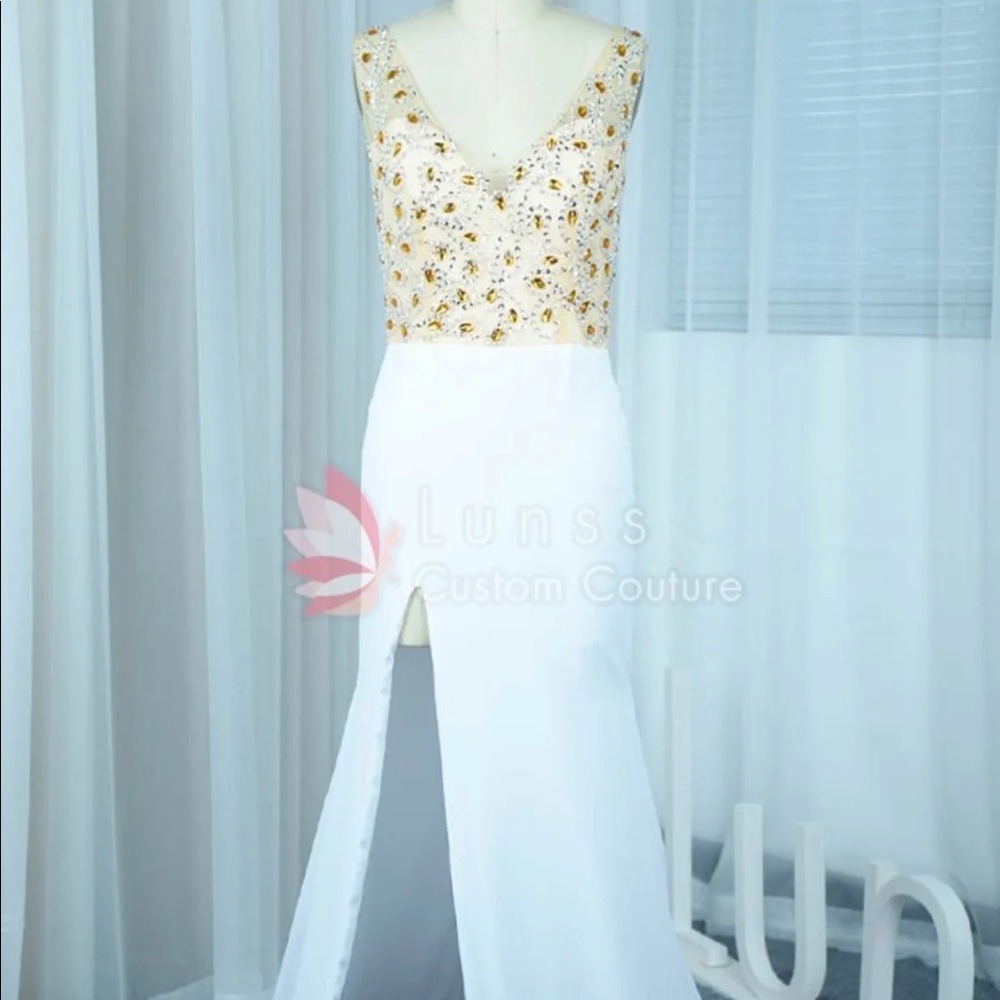 white and gold prom dress